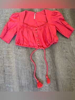 Free People Coral Red Puff Sleeve Crop Top with ruched Front and Tassel Ties, S